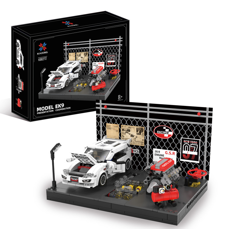 KAIYU K96272 – Honda Civic Type-R EK9 trắng trong gara có hàng rào lưới thép, động cơ đỏ và bơm hơi đỏ trên đế xám