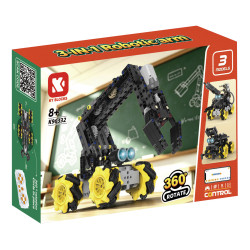 Hộp KAIYU K96332 3-in-1 Robotic Arm in mô hình cánh tay gắp trên bốn bánh xe vàng, kèm hình ba mẫu lắp