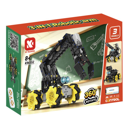Hộp KAIYU K96332 3-in-1 Robotic Arm in mô hình cánh tay gắp trên bốn bánh xe vàng, kèm hình ba mẫu lắp