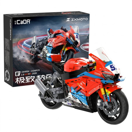 Mô hình mô tô CaDA C64054 ZXMOTO 820RR đỏ xanh số 53 đặt cạnh vỏ hộp in hình xe đang chạy trên đường đua