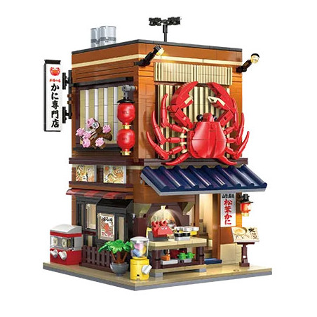 CaDA/DoubleE C66062 - nhà hàng cua kiểu Nhật với chú cua đỏ khổng lồ, đèn lồng đỏ và mái ngói xanh ở góc phố
