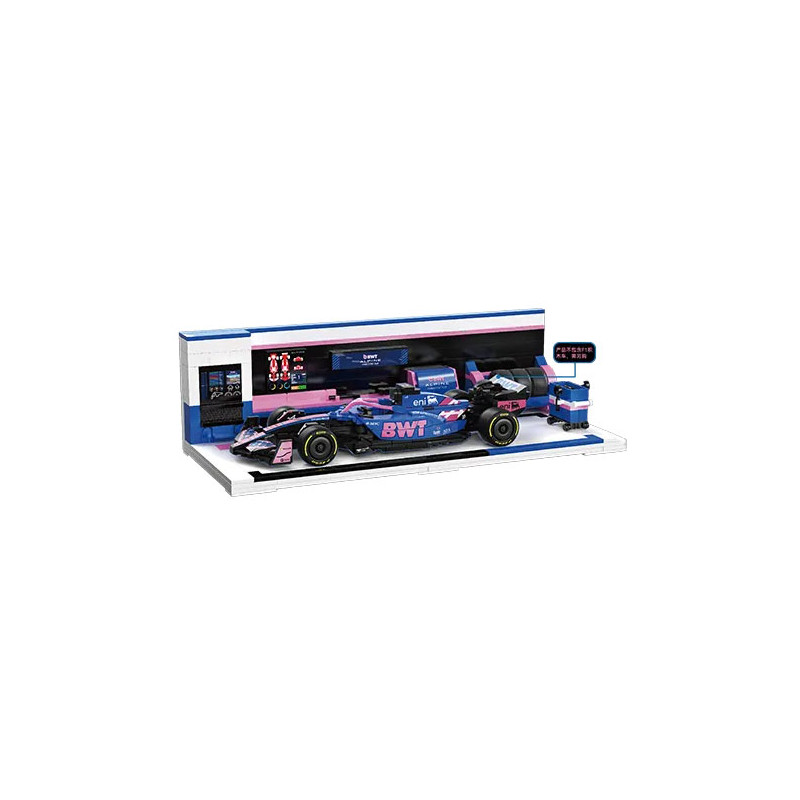 Khu gara pit CaDA/DoubleE C66036 màu xanh hồng BWT với bảng thời gian, màn hình kỹ thuật và xe đẩy lốp, trưng bày cùng xe F1