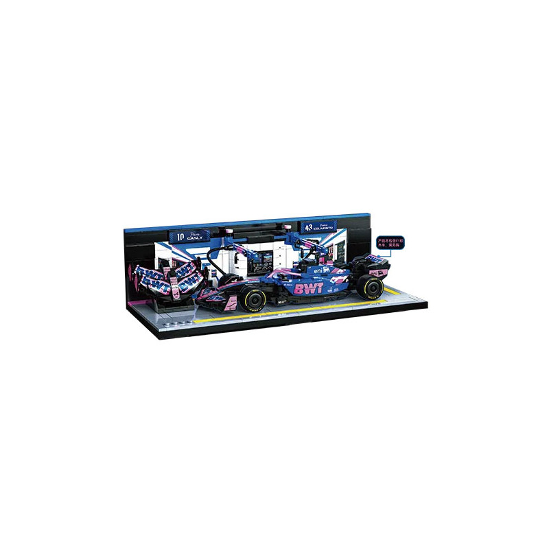 Khu pit CaDA C66037 của đội Alpine với biển số 10 Gasly, 43 Colapinto, kệ lốp và xe F1 minh họa trong box