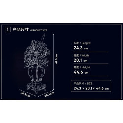 Sơ đồ kích thước MouldKing 24127: bó hoa cao 44,6 cm, dài 24,3 cm và rộng 20,1 cm tính cả bình