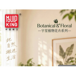 Banner thương hiệu Mould King Botanical & Floral, dòng hoa cây cảnh lắp ráp, nền be với khung tranh và lá xanh