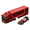 Xe đầu kéo 12GO 95020 màu đỏ kéo rơ-moóc dài, bên cạnh là xe đua F1 đỏ trắng trên nền trắng