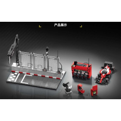 Các cụm rời của 12GO 95026: sàn đường đua, pit wall đỏ, xe F1, máy quay và thùng thiết bị