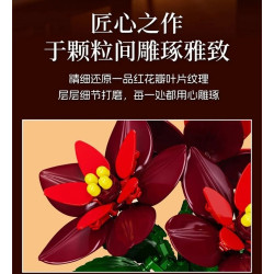 Cận cảnh cụm hoa lớn của bộ lắp ráp 13124: các lớp lá bắc đỏ mận xếp chồng, lá bắc nhỏ đỏ tươi và chùm nhụy vàng
