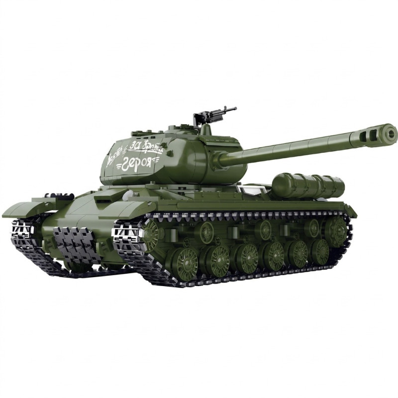Mô hình Tikka TK8007 xe tăng IS-2 màu xanh ô liu nhìn góc 3/4, nổi bật tháp pháo chữ trắng, nòng pháo dài và bánh xích
