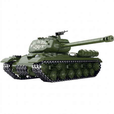 Mô hình Tikka TK8007 xe tăng IS-2 màu xanh ô liu nhìn góc 3/4, nổi bật tháp pháo chữ trắng, nòng pháo dài và bánh xích