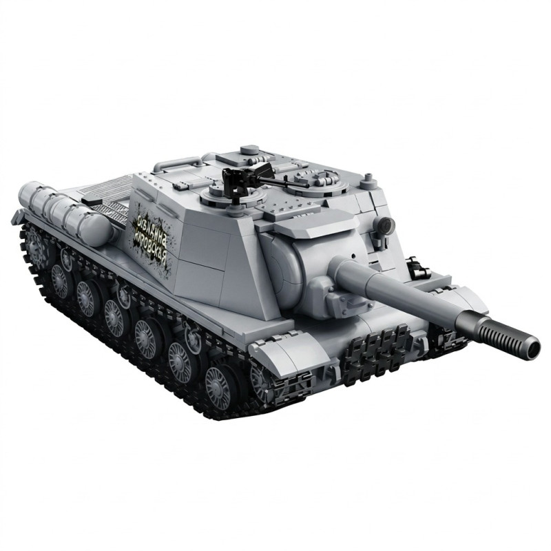 Mô hình pháo tự hành ISU-152 Tikka TK8009 nhìn góc trước, thân giáp xám, nòng pháo dài và cụm bánh xích đen