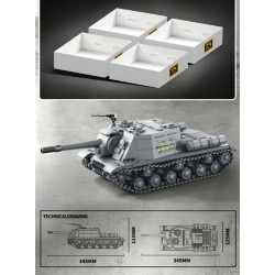 Hộp đựng phụ tùng 4 khay của Tikka TK8009, mô hình ISU-152 góc nghiêng và bản vẽ kỹ thuật dài 345 mm
