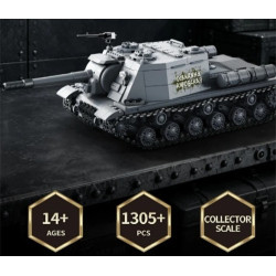 Mô hình ISU-152 Tikka TK8009 trên mặt bàn kim loại, kèm nhãn 14+, 1305 chi tiết và Collector Scale