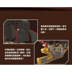 Cận cảnh buồm đen viền đỏ với thang dây và mũi tàu IceBreaker có đầu rồng vàng, dãy pháo dọc hai bên mạn