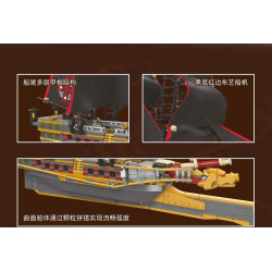Ba góc cận cảnh IceBreaker: boong đuôi nhiều tầng, buồm đen viền đỏ bên thang dây, thân tàu uốn cong