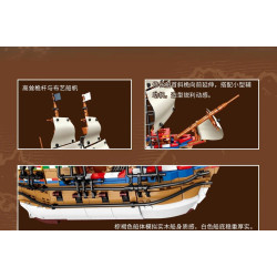 Cận cảnh JIESTAR X78008: cột buồm và buồm vải, mũi tàu vươn dài, thân nâu với dãy cửa súng đen, đáy tàu trắng