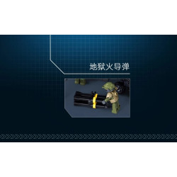 Nhân vật lính trong bộ Sluban M38-B1612 đứng cạnh cụm tên lửa Hellfire tháo rời đặt trên nền xanh