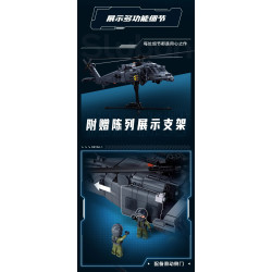 Trực thăng Sluban M38-B1612 trên đế trưng bày, hai phi công đứng cạnh cửa khoang trượt đang mở