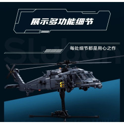Toàn cảnh trực thăng quân sự Sluban M38-B1612 nhìn ngang trên đế đỡ, thấy rõ cánh đuôi và giá tên lửa