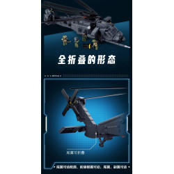Trực thăng Sluban M38-B1612 ở tư thế gấp gọn: cánh quạt chính, cánh đuôi và đuôi ngang xếp lại, ba nhân vật đứng cạnh