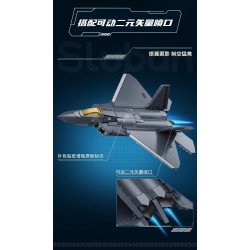 Mô hình Sluban M38-B1613 nhìn ngang, cặp vòi phun vector ở đuôi được phóng to kèm mũi tên chỉ hướng điều chỉnh