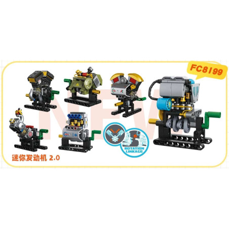Sáu mô hình động cơ mini của Forange FC8199 bày cạnh nhau trên nền trắng, kèm sơ đồ chuyển động trục khuỷu