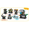 Sáu mô hình động cơ mini của Forange FC8199 bày cạnh nhau trên nền trắng, kèm sơ đồ chuyển động trục khuỷu