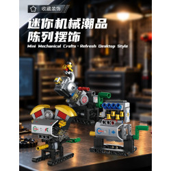 Ba mô hình động cơ mini Forange FC8199 trưng bày trên bàn gỗ tối, phía sau là kệ dụng cụ xưởng