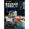 Tay quay mô hình động cơ bốn xy-lanh Forange FC8199, mũi tên đỏ chỉ chiều quay của tay quay màu xanh
