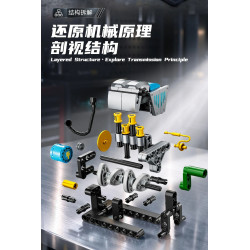 Các chi tiết của mô hình động cơ thẳng hàng bốn xy-lanh Forange FC8199 bày tách lớp theo từng bộ phận