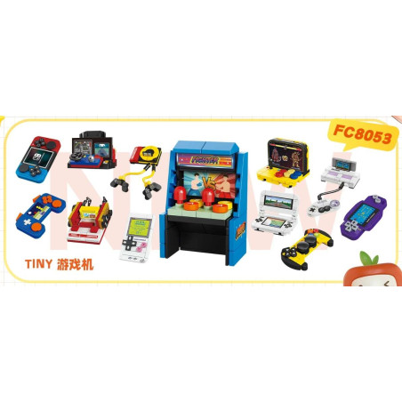 Bộ 12 mẫu máy chơi game mini Forange FC8053: thùng arcade FIGHTER màu xanh, bàn đua xe và loạt máy cầm tay nhiều màu