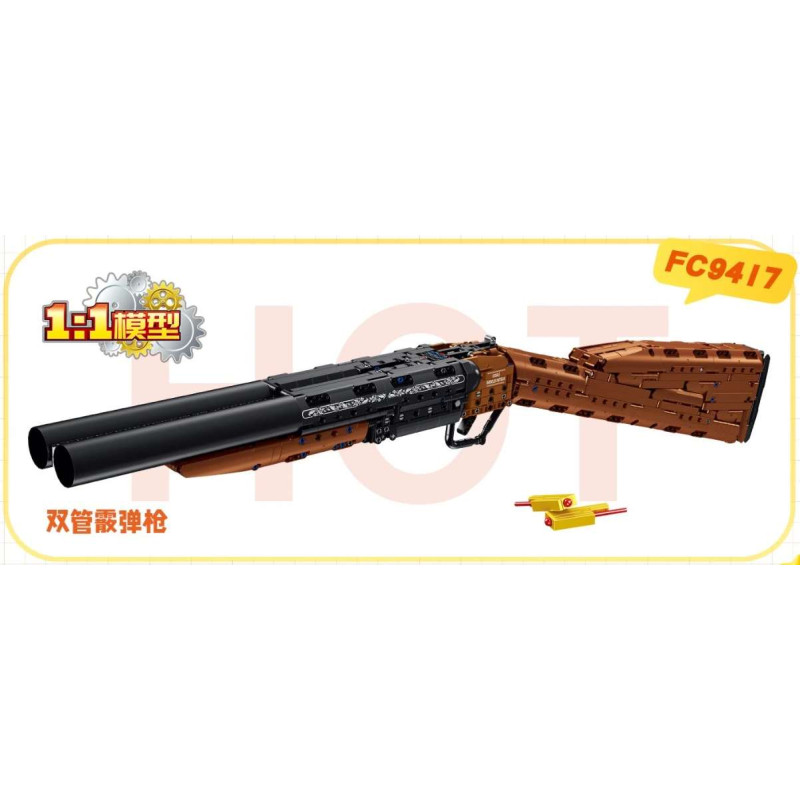 Mô hình lắp ráp súng hai nòng Forange FC9417 tỉ lệ 1:1 với nòng đen song song, báng nâu và hai viên đạn vàng đầu đỏ
