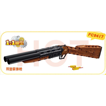 Mô hình lắp ráp súng hai nòng Forange FC9417 tỉ lệ 1:1 với nòng đen song song, báng nâu và hai viên đạn vàng đầu đỏ