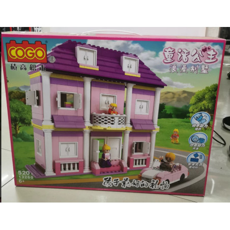 Vỏ hộp COGO 13120 in hình biệt thự công chúa hồng mái tím, ban công trắng, xe mui trần và ba nhân vật tóc vàng