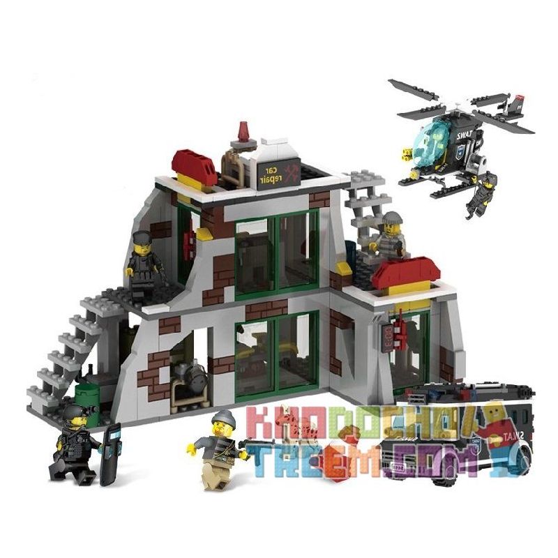 Enlighten 9414 Qman 9414 Xếp hình kiểu Lego MILITARY ARMY Police SWAT Raid Terrorists Đột Kích Trạm Sửa Xe Chứa Khủng Bố 703 khối