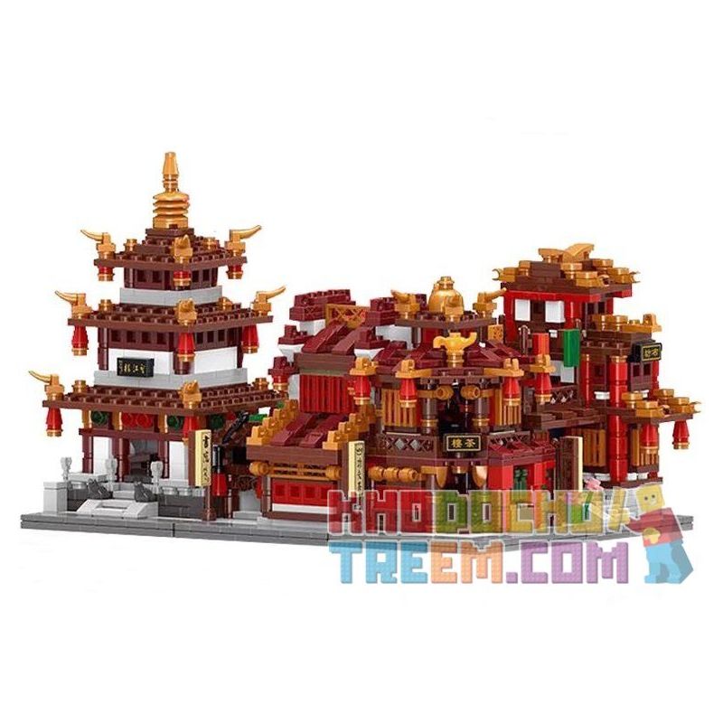 XINGBAO XB non Lego CHÙA TRƯỜNG HỌC CỬA HÀNG LỤA QUÁN RƯỢU bộ đồ chơi xếp lắp ráp ghép mô hình Chinatown ZHONG HUA STREET WANGJIANG TOWER、CLOTH HOUSE、LIBRARY、TEA Khu Phố Tàu 1502 khối