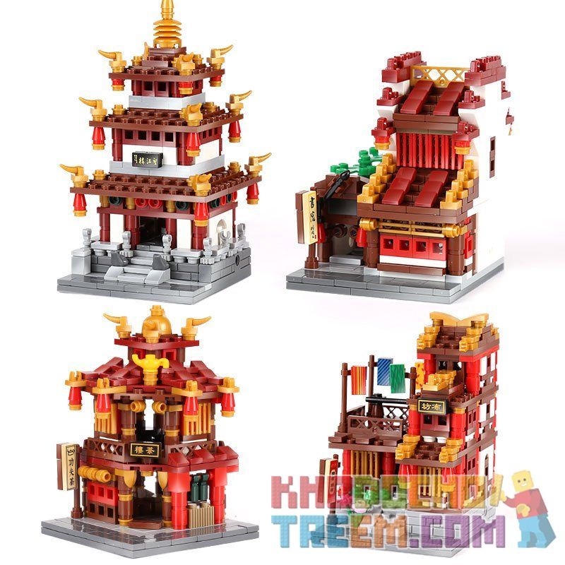 XINGBAO XB non  CHÙA TRƯỜNG HỌC CỬA HÀNG LỤA QUÁN RƯỢU bộ đồ chơi xếp lắp ráp ghép mô hình Chinatown ZHONG HUA STREET WANGJIANG TOWER、CLOTH HOUSE、LIBRARY、TEA Khu Phố Tàu 1502 khối