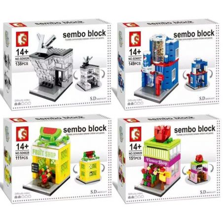 SEMBO SD6026 6026 601516 SD6027 6027 601517 SD6028 6028 SD6029 6029 non  BỘ 4 CỬA HÀNG TÚI XÁCH ĐỒ UỐNG TRÁI CÂY HOA TƯƠI bộ đồ chơi xếp lắp ráp ghép mô hình Mini Modular HOLIDAY STREET LUXURY HAPPY SODA SEMBO BLOCK FRUIT SHOP FLOWER Đường Phố Thu Nhỏ 151 khối