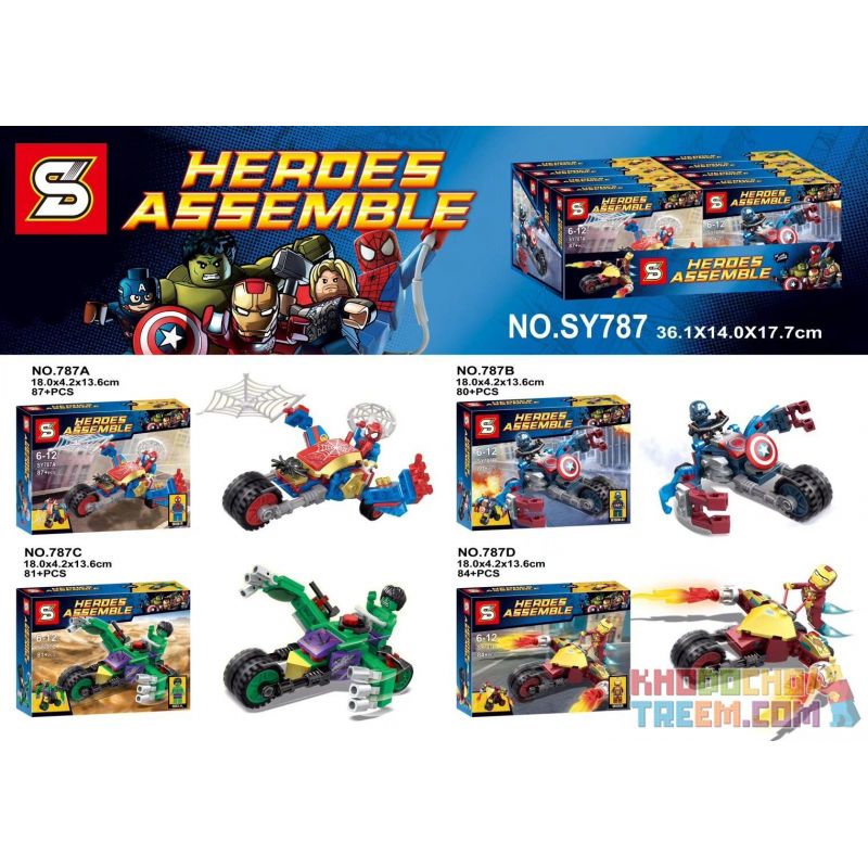 SHENG YUAN SY SY787 SY787A 787A SY787B 787B SY787C 787C SY787D 787D non Lego 4 LOẠI ĐẦU MÁY SPIDER-MAN CAPTAIN AMERICA HULK IRON bộ đồ chơi xếp lắp ráp ghép mô hình Super Heroes HEROES ASSEMBLE Siêu Nhân Anh Hùng 332 khối