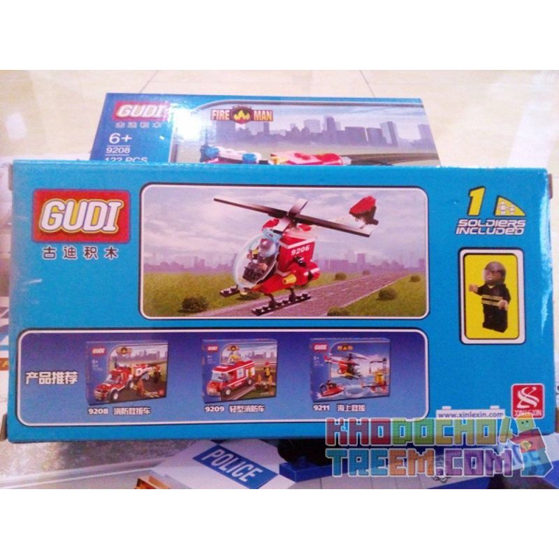 GUDI 9206 non  TRỰC THĂNG CỨU HỎA bộ đồ chơi xếp lắp ráp ghép mô hình Fire Rescure FIREMAN FIREFIGHTING HELICOPTER 91 khối