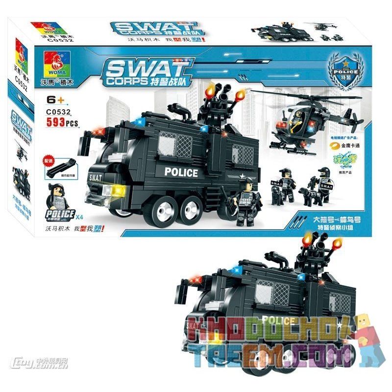 WOMA C0532 0532 Xếp hình kiểu Lego SWAT SPECIAL FORCE SWAT Team Force Trực Thăng Phối Hợp Xe Chở Lính đặc Nhiệm 593 khối
