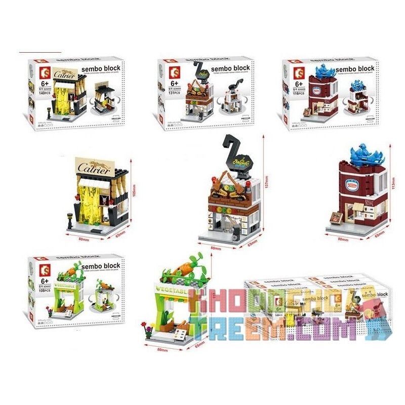 SEMBO SD6054 6054 SD6055 6055 SD6056 6056 SD6057 6057 non  BỘ 4 CỬA HÀNG TRANG SỨC ÂM NHẠC THỰC PHẨM RAU CỦ bộ đồ chơi xếp lắp ráp ghép mô hình Mini Modular SEMBO BLOCK CARTRIER MUSICAL SHOP NOSTLE VEGETABLE Đường Phố Thu Nhỏ 140 khối