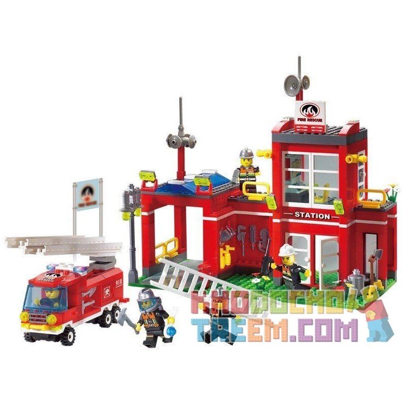 Enlighten 910 Qman 910 Xếp hình kiểu Lego CITY Fire Rescue Fire Control Branch Bureau Fire Branch Trụ Sở Cứu Hỏa Nhỏ 466 khối