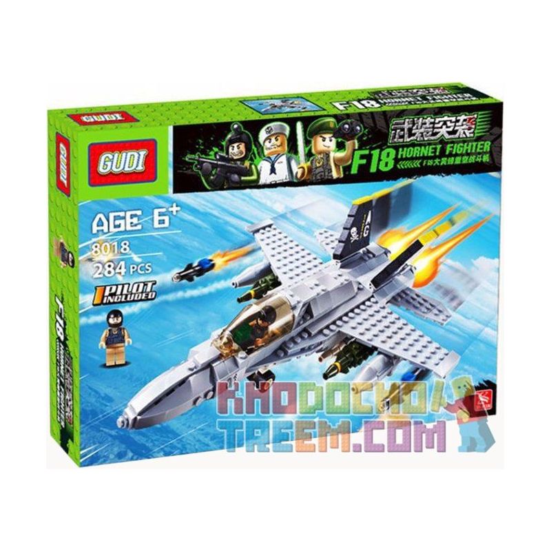 GUDI 600031A 6018 Xếp hình kiểu Lego MILITARY ARMY 武装突袭 f18大黄蜂重型战斗机 Armed Assault Series Máy Bay Chiến đấu F-18 gồm 2 hộp nhỏ 284 khối