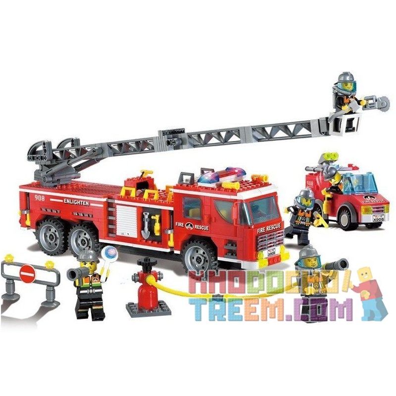 Enlighten 908 Qman 908 Xếp hình kiểu Lego CITY Fire Rescue Scaling Ladder Fire Engines Heavy Fire Truck Xe Thang Cứu Hỏa Lớn Và Xe Chiếu đèn 605 khối