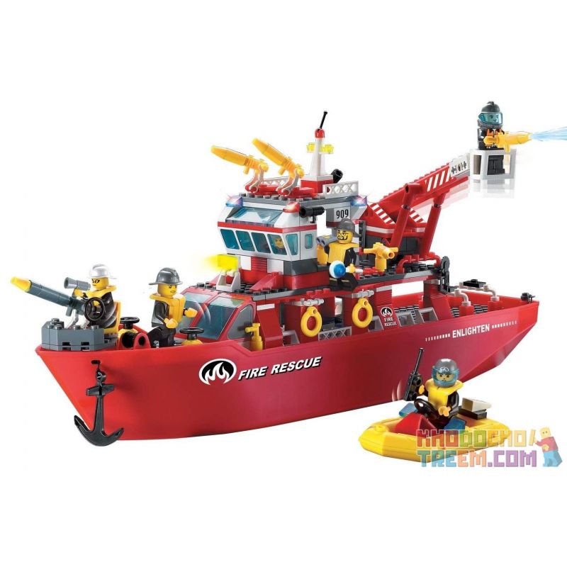 Enlighten 909 Qman 909 Xếp hình kiểu Lego CITY Fire Rescue Multi-Function Fire Ship Multi-function Fire Boat Tàu Cứu Hỏa Lớn Trê