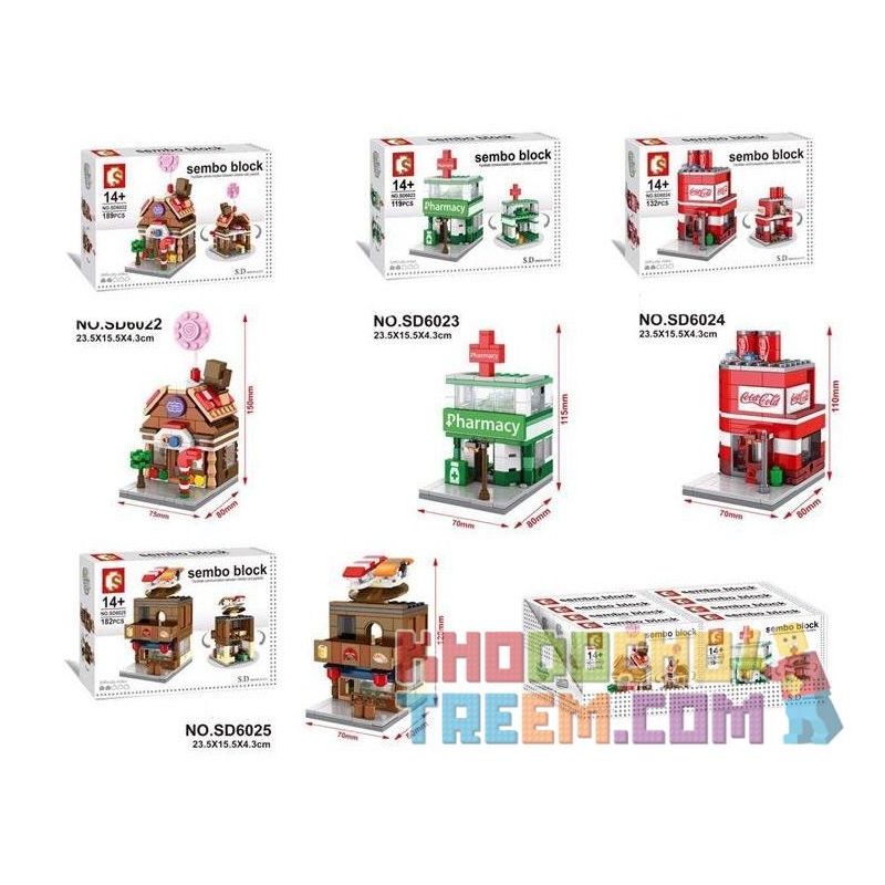 SEMBO SD6024 6024 601515 SD6022 6022 601514 SD6023 6023 SD6025 6025 non  PHỐ THƯƠNG MẠI VÀ NGÔI NHÀ KẸO NGỌT TRÊN ĐƯỜNG bộ đồ chơi xếp lắp ráp ghép mô hình Mini Modular HOLIDAY STREET SODA DRINK CANDY HOUSE SEMBO BLOCK PHARMACY Đường Phố Thu Nhỏ 189 khối
