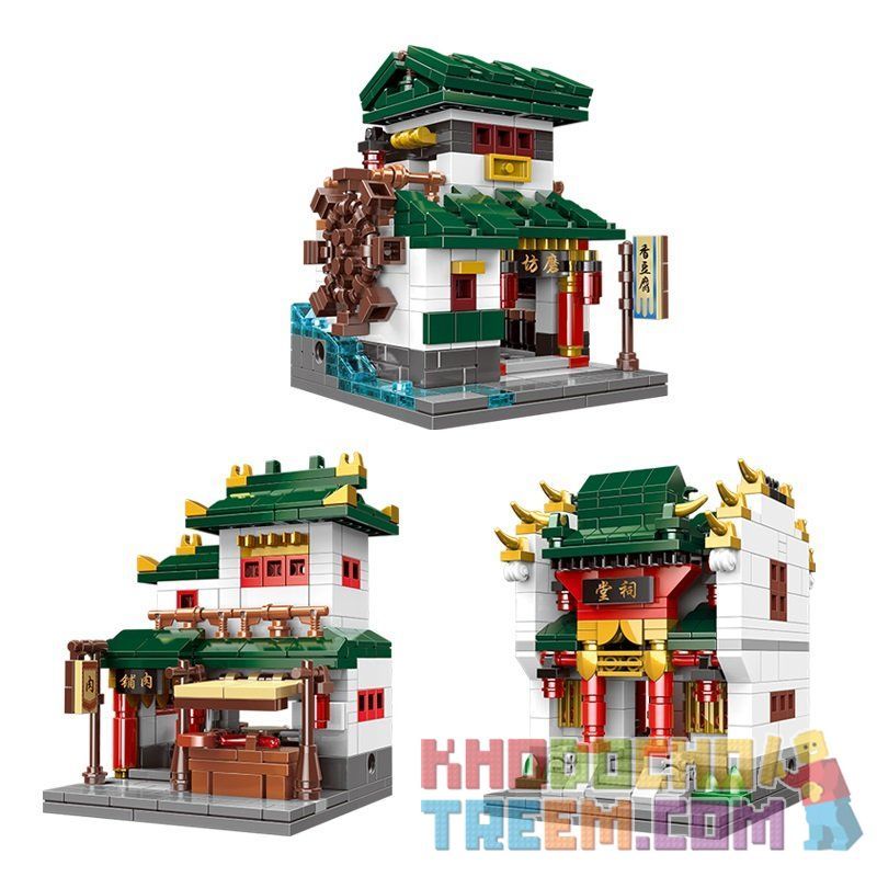 XINGBAO XB non  NHÀ XAY XÁT ĐẾN THỜ HÀNG THỊT GẠO QUÁN ĂN GIẤM bộ đồ chơi xếp lắp ráp ghép mô hình Mini Modular GRISTMILL、ANCESTRAL HALL、BUTCHER'S SHOP、RICE SHOP、RESTAURANT、VINEGAR Đường Phố Thu Nhỏ 2111 khối