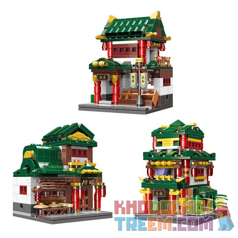 XINGBAO XB non  NHÀ XAY XÁT ĐẾN THỜ HÀNG THỊT GẠO QUÁN ĂN GIẤM bộ đồ chơi xếp lắp ráp ghép mô hình Mini Modular GRISTMILL、ANCESTRAL HALL、BUTCHER'S SHOP、RICE SHOP、RESTAURANT、VINEGAR Đường Phố Thu Nhỏ 2111 khối