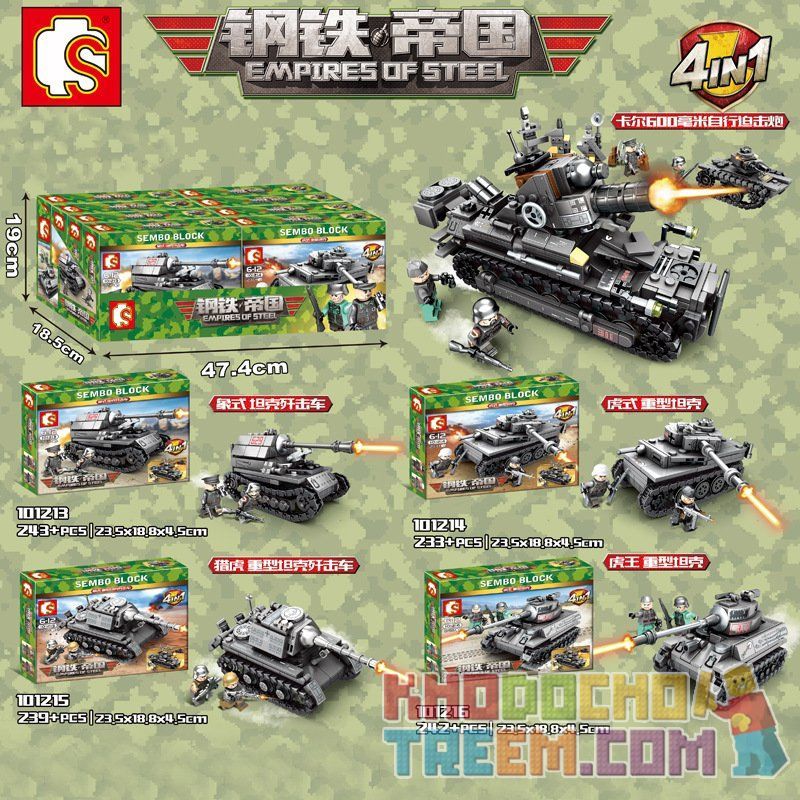 SEMBO 101213 101214 101215 101216 non  4 XE TĂNG KẾT HỢP THÀNH 1 LỚN bộ đồ chơi xếp lắp ráp ghép mô hình Empires Of Steel Đế Chế Thép 957 khối